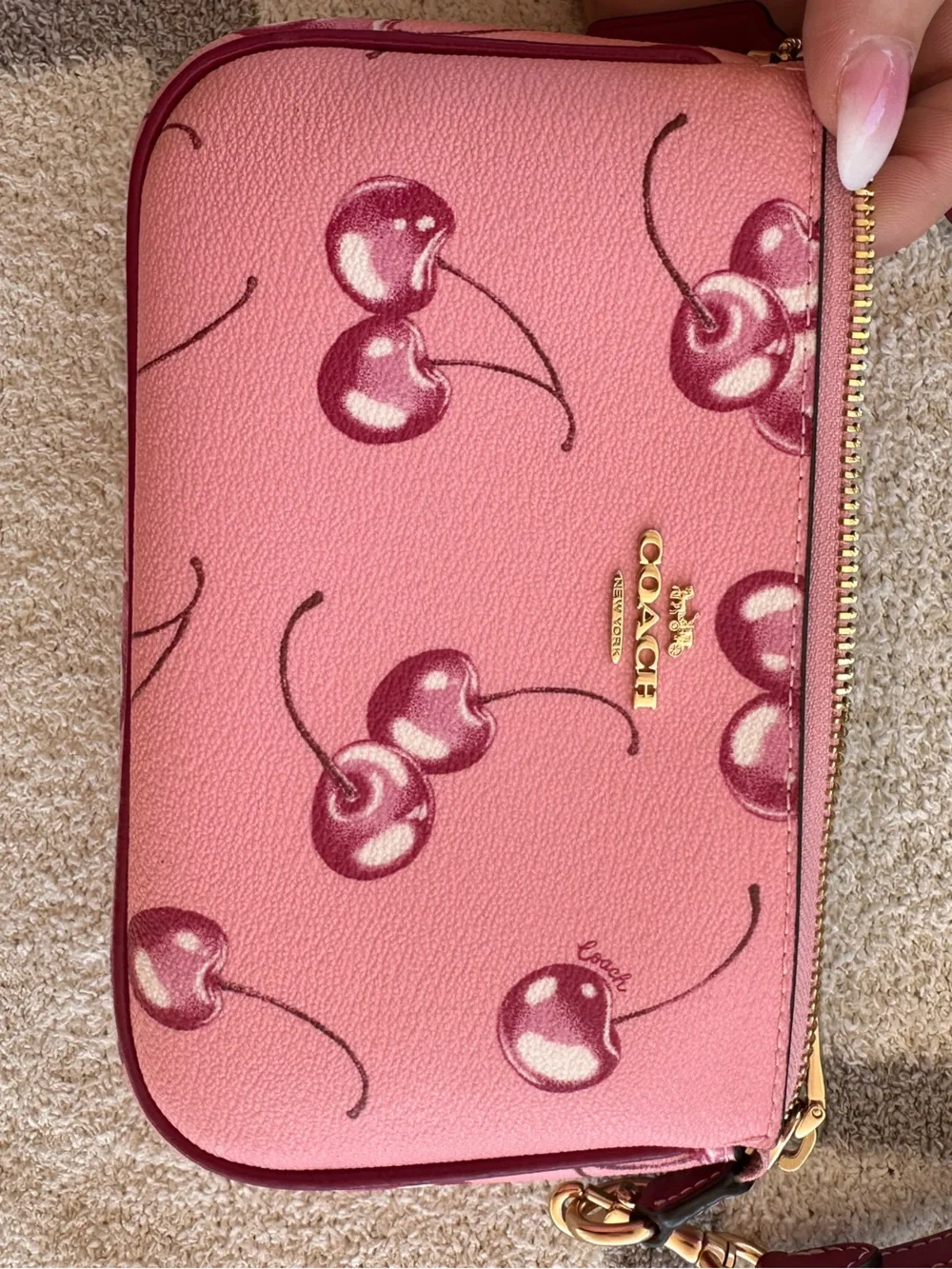 Coach Pink Cherry Print Leather Crossbody Wallet with Gold Hardware